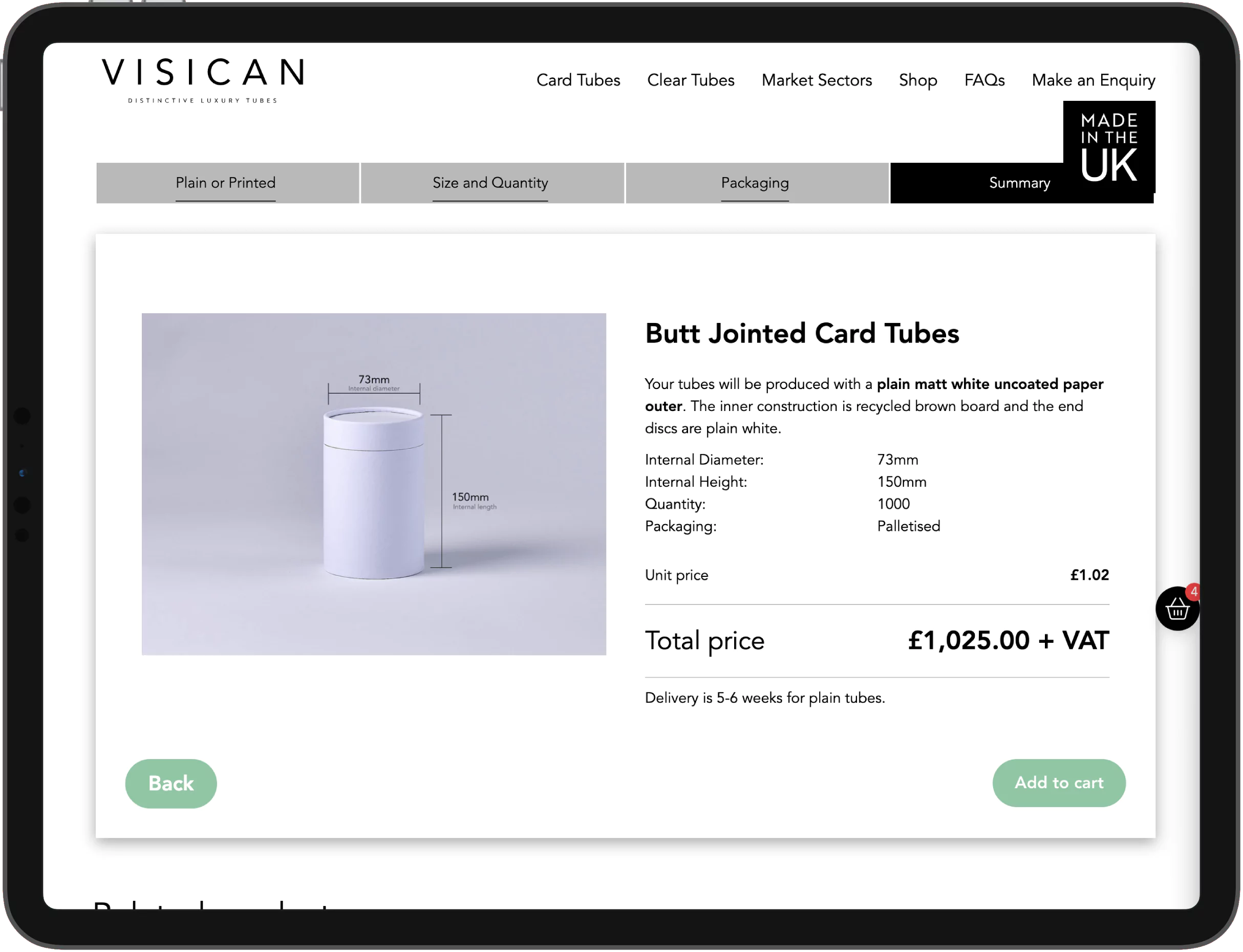 A screenshot of Visican's online shop summary page.